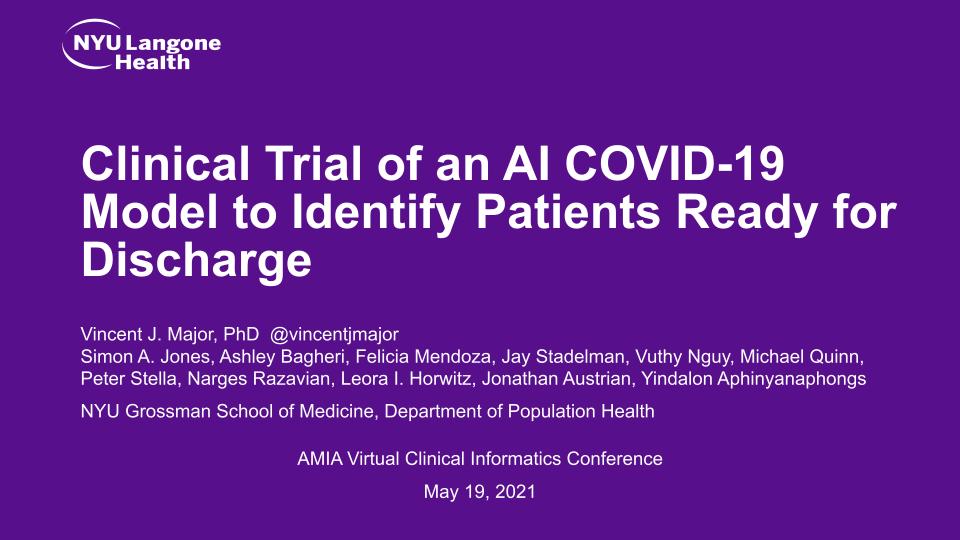 A fun session today at <a href="/AMIAinformatics/">AMIA</a>'s #CIC21, S02: Using Machine Learning to Improve Healthcare Processes and Patient Outcomes, including presenting our work using a RCT to evaluate our AI system for COVID.