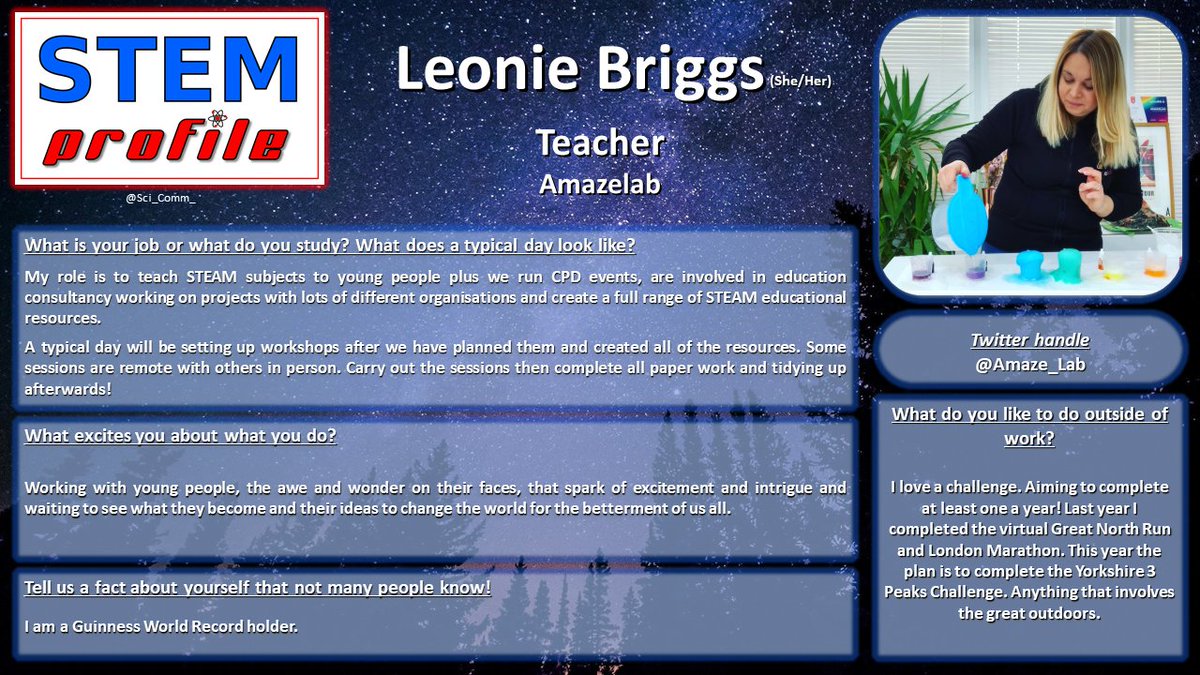 Sci_Comm_'s tweet photo. #STEMProfile
Leonie Briggs (@Amaze_Lab) is a teacher of STEAM subjects at Amazelab. She educates young people and develops a range of educational resources, while offering educational consultancy to a range of organisations. She is also a Guinness world record holder! ๐งชโ๐โโ๏ธ https://t.co/2cbl2MyvUx