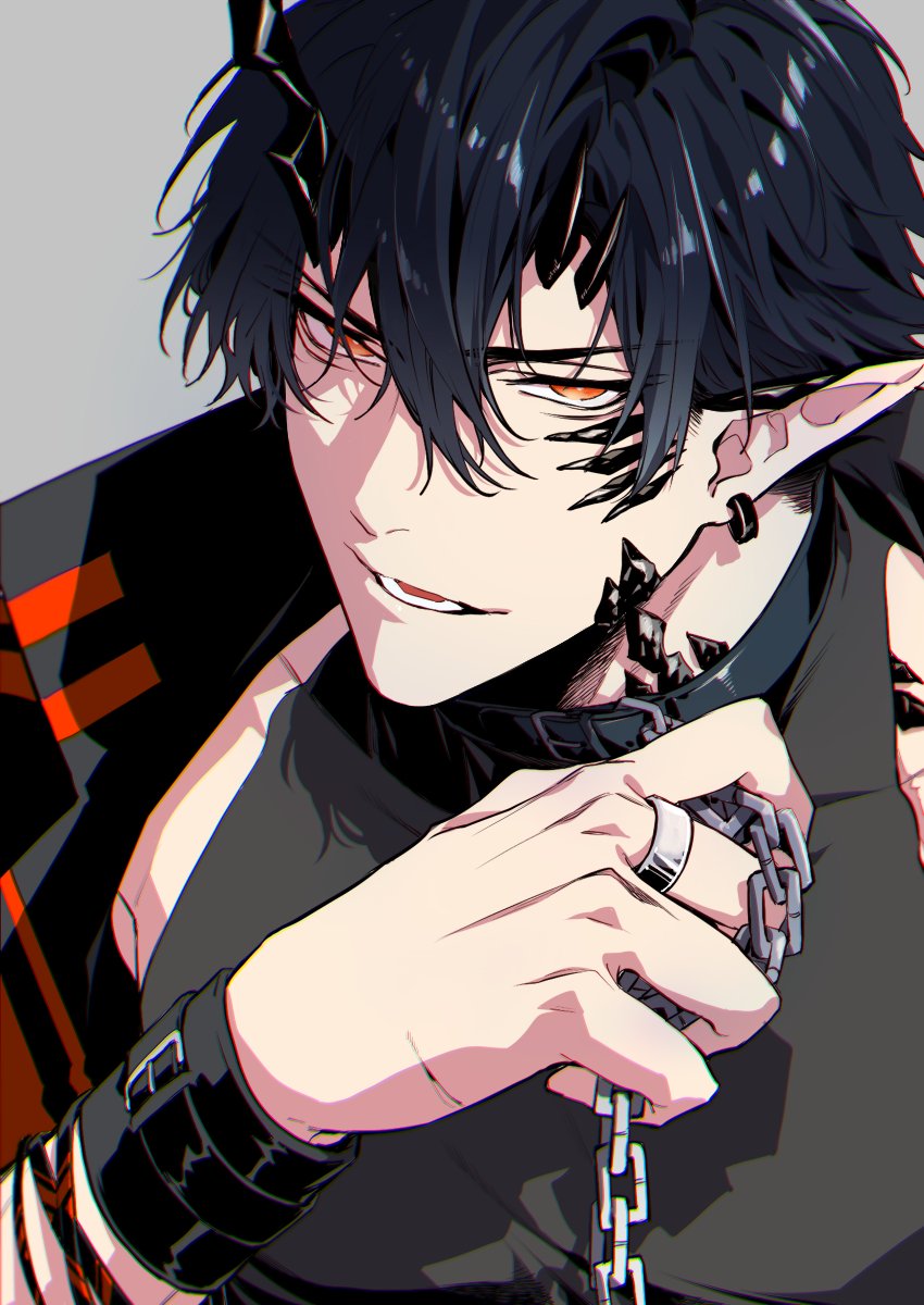 1boy male focus oripathy lesion (arknights) solo horns pointy ears black hair  illustration images