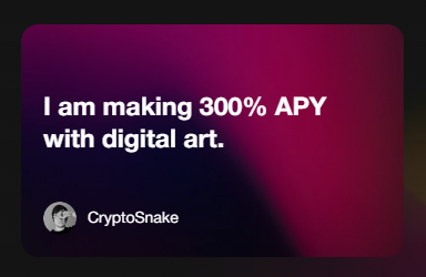 .@CryptoSnakeFred: "I am now making 300% APY with digital art" #NFTstaking #NFT #NFTs #crypto #NFTart #staking #4bulls