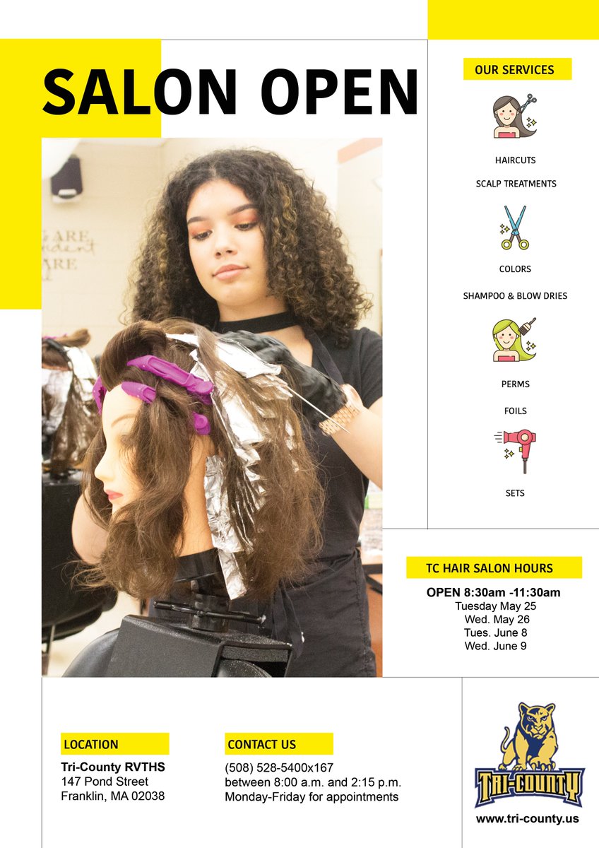 TriCountyRVTSD's tweet photo. The Salon is OPEN! Four days only! Make an appointment ASAP! Call (508) 528-5400 x167 between 8am and 2pm! 💙💛🐾 https://t.co/rM6Xh5IULI