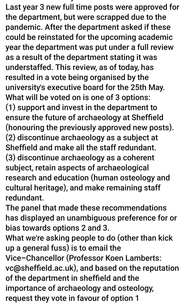 Context and action about #SheffieldArchaeology: please read and email the VC urgently as they are voting TUESDAY to discontinue the department and make all staff redundant. @sheffielduni @WinchesterUCU @ucu (sorry for the redo, needed to edit the photo for privacy)