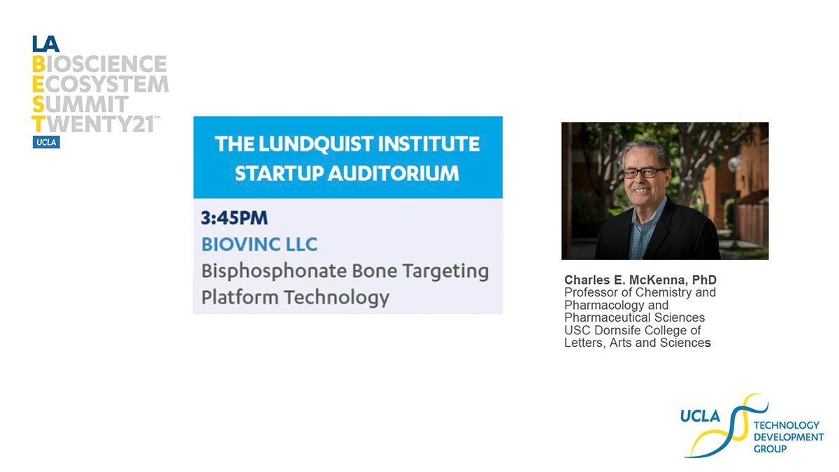 USCMESH's tweet image. Wed 5/26 @3:45p: Check out this #USC #Startup at #LABEST21 startup showcase! 
Founded by Charles McKenna, BioVinc LLC (biovinc.com) has a bone targeting platform technology to develop skeletal selective therapeutic &amp;amp; diagnostic products. bit.ly/3bolfHt