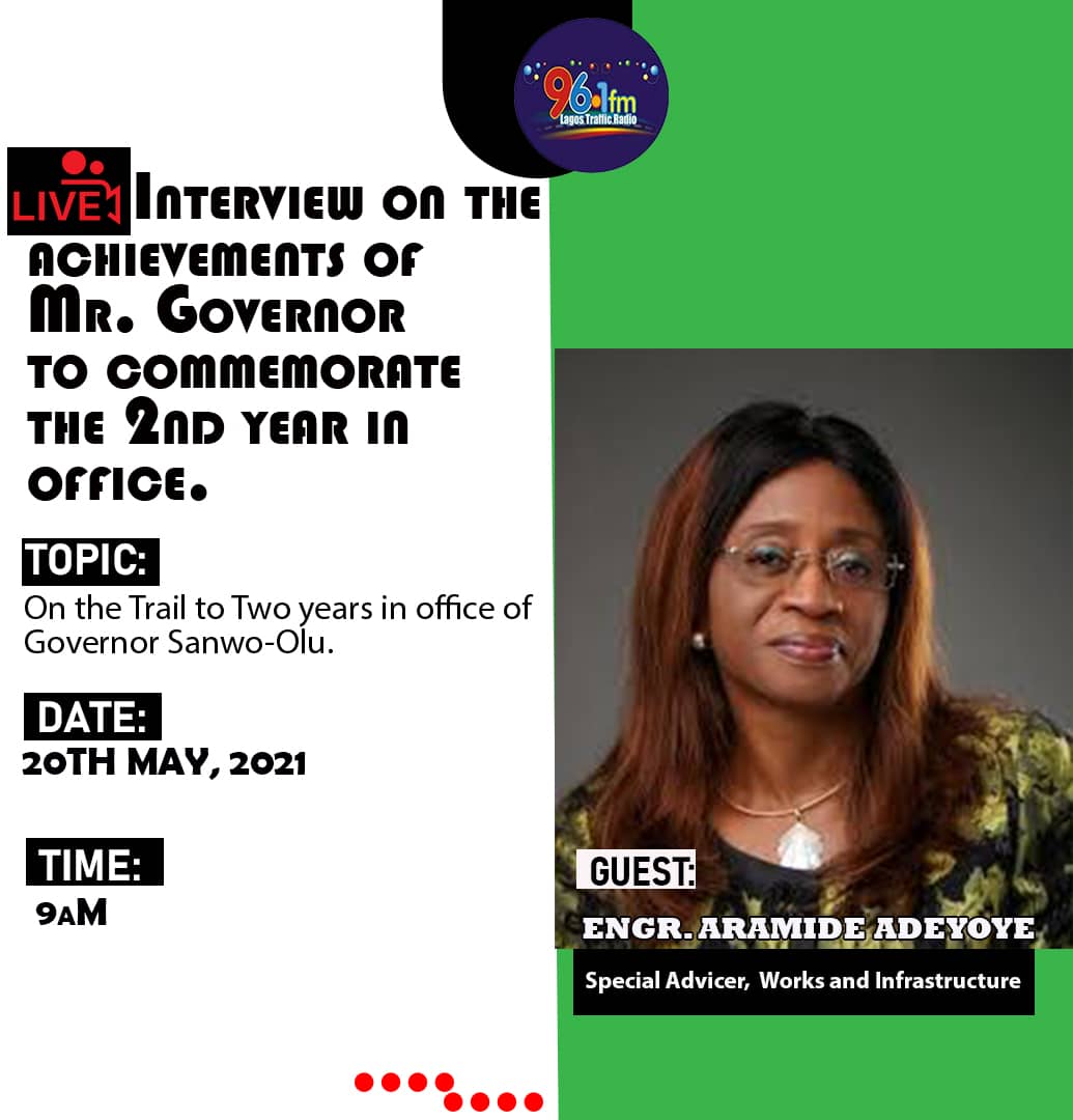 Join the Live conversation "On the Trail to 2nd year of <a href="/jidesanwoolu/">Babajide Sanwo-Olu</a> Administration" with the Special Adviser to the Governor on Works and Infrastructure, Engr. Aramide Adeyoye on our programme.

#ForAGreaterLagos