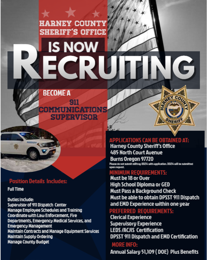 HarneyCoSheriff's tweet photo. Want to join our team in #HarneyCounty? We're currently recruiting for a 911 Communications Supervisor and Administrative Civil Deputy. https://t.co/xaGZ9qS7Bc