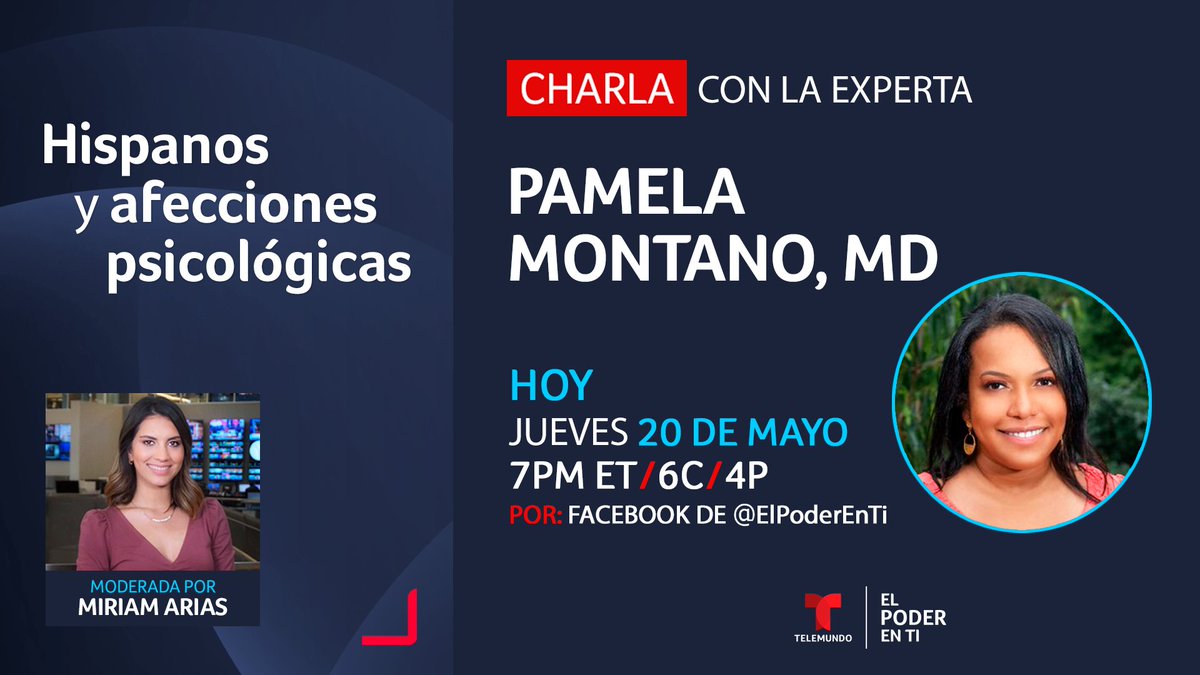 Este #MentalHealthActionDay, charlaremos con <a href="/PamelaMontanoMD/">Pamela Montano A.</a>, quien de la mano de <a href="/miriamcarias/">Miriam Carla Arias</a>, de <a href="/TelemundoNews/">Noticias Telemundo</a>, nos brindará valiosos consejos sobre las afecciones psicológicas.

#saludmental #ElPoderEnTi <a href="/Telemundo/">Telemundo</a> <a href="/NHMAmd/">National Hispanic Medical Association</a> #depresión  #ansiedad <a href="/nyugrossman/">NYU Grossman School of Medicine</a>