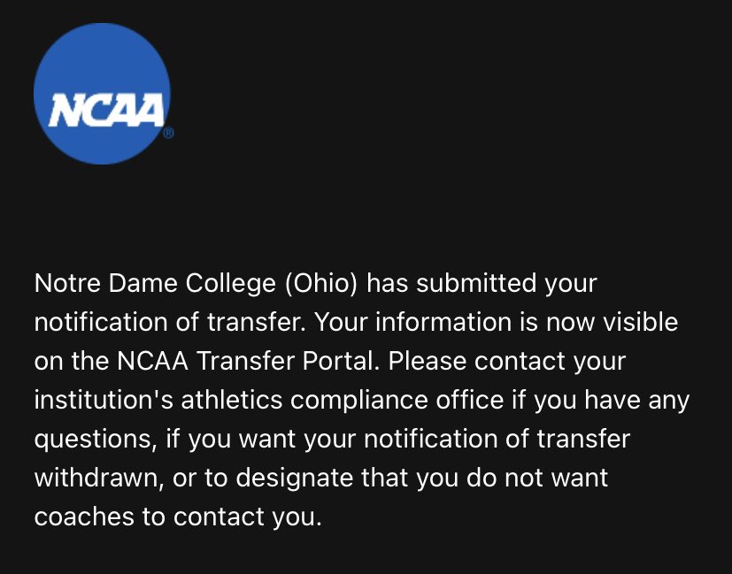 Thank you to Notre Dame College for the past 2 years. After thoughtful consideration, I will be parting ways. That said, I have entered the NCAA Transfer Portal. RHP/IF/OF with 3 years (pending 4) of eligibility. I look forward to what God has in store for me!