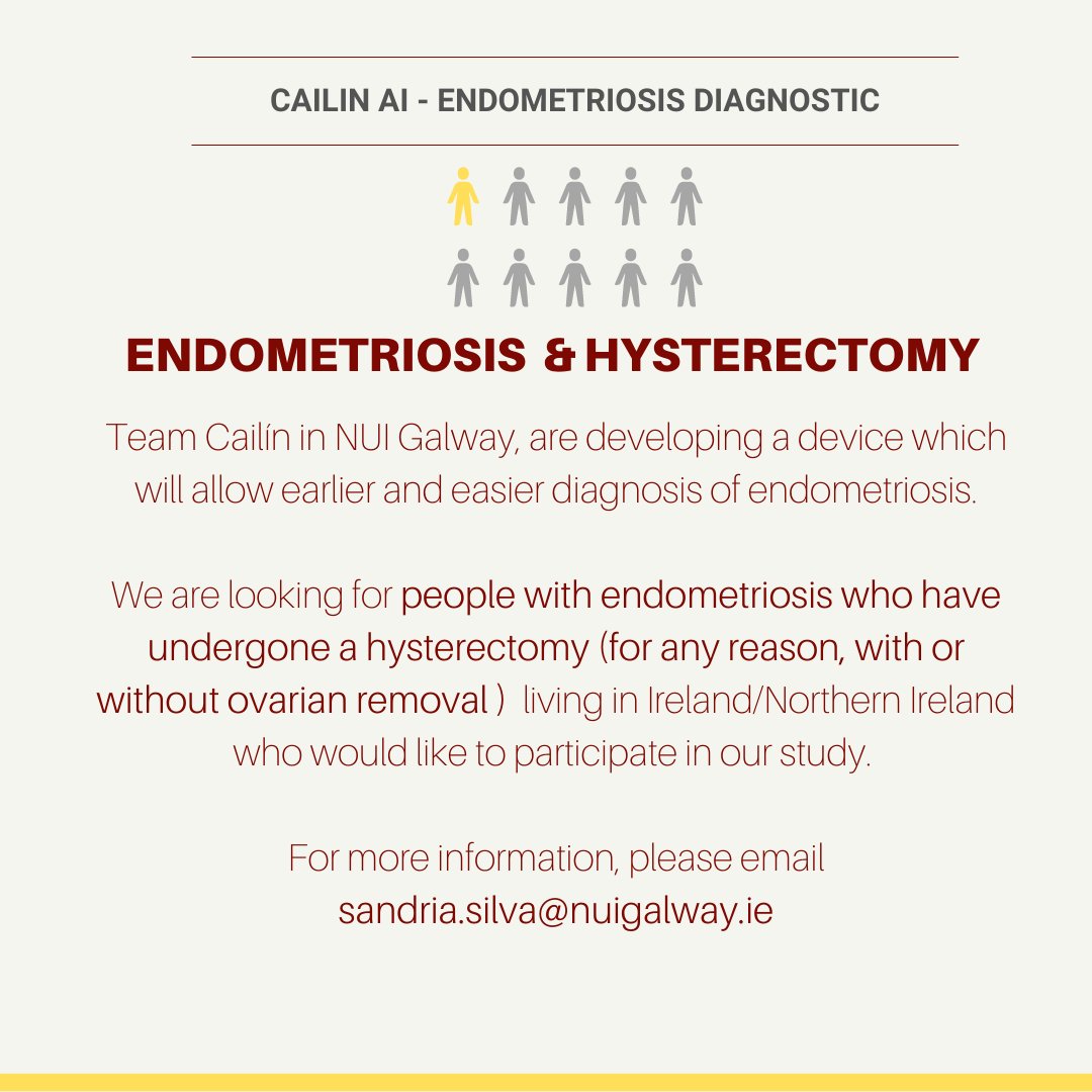 Kathleen M King (@kathleen_m_king) on Twitter photo We are looking for people with #endometriosis who have undergone a #hysterectomy (for any reason, with or without ovarian removal ) living in Ireland/Northern Ireland who would like to participate in our study. @CailinAI
For more information, email sandria.silva@nuigalway.ie We are looking for people with #endometriosis who have undergone a #hysterectomy (for any reason, with or without ovarian removal ) living in Ireland/Northern Ireland who would like to participate in our study. @CailinAI
For more information, email sandria.silva@nuigalway.ie
