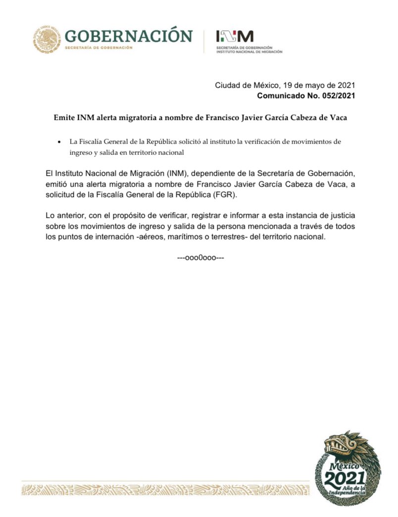 El <a href="/INAMI_mx/">INM</a> emitió una alerta migratoria a nombre de Francisco Javier García Cabeza de Vaca, a solicitud de la <a href="/FGRMexico/">FGR México</a> ➡️ bit.ly/33ZV0Tq