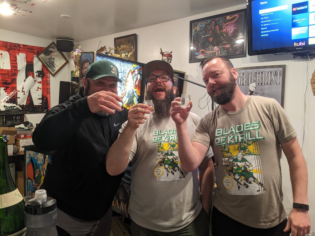 3InTheBox's tweet image. We're not completely gone! It felt good for all of us (fully vaccinated) to get together last night and watch the #mnwild game and drink some #Sambuca. Plus, we got to rock these killer #Kaprizov #KKalder tshirts courtesy of @CreaseAndAssist.