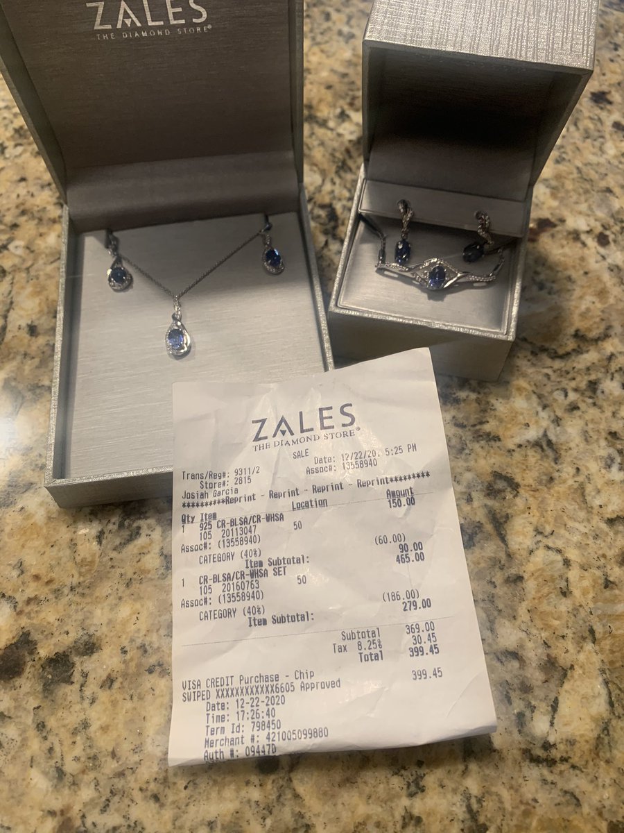 ChelseaDonTweet's tweet photo. @ZalesJewelers my husband bought me these jewelry sets around Christmas time. I am a travel nurse and haven’t been home to return them. Any chance y’all can take them back? https://t.co/nVRG5s4SXY