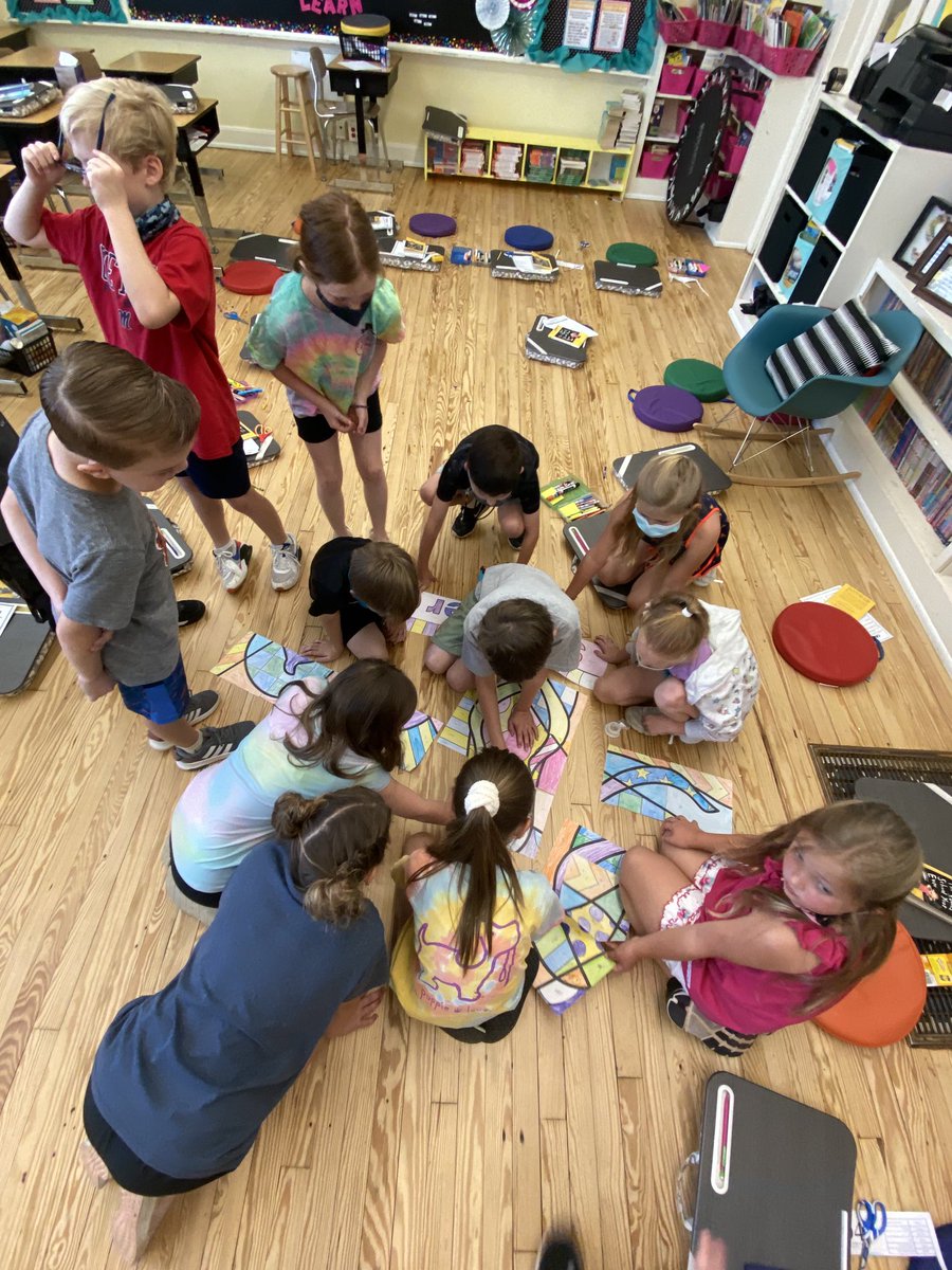 courtneyspecial's tweet image. Count down to summer, “T” day, was all about TEAMWORK! We cleared the room and used our tiny tables to solve equations, color code, and piece together tiles to make abstract math art! #specialeclass ⁦@EESPrincipal⁩