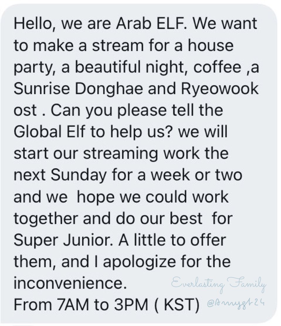 [📣] ELF ✨

Únanse al Stream que nuestras hermanitas Arab ELF están planeando 💙 

Se iniciará el stream el próximo domingo durante una semana o dos 

Ayudemos y demos apoyo a <a href="/SJofficial/">SUPER JUNIOR</a>  💙 #SUPERJUNIOR