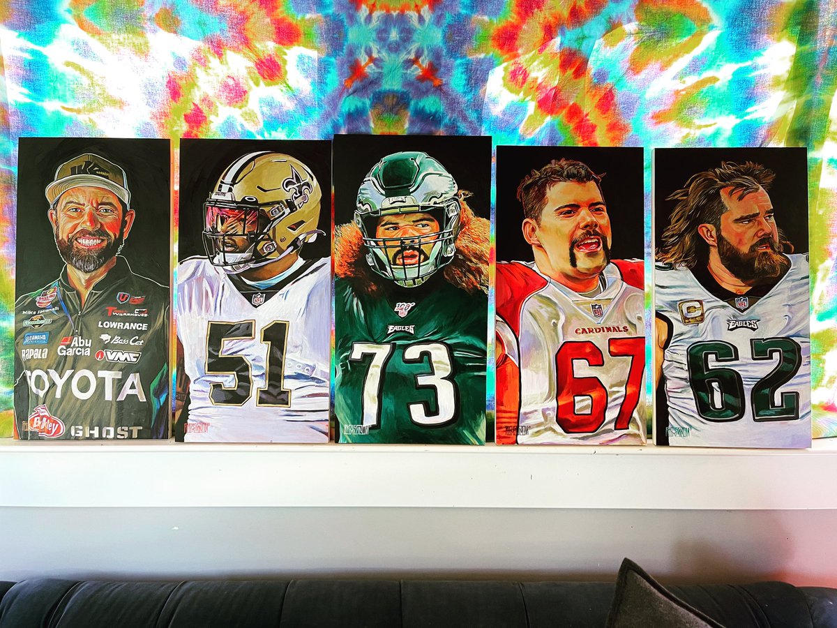 richesson's tweet photo. Shipping these paintings to my dudes @lanejohnson65 and @gwrCA to be added to my mural in the #brobarn (These guys all train together there. More to come...) @MikeIaconelli #cesarruiz #isaacseumalo @JustinPugh @JasonKelce https://t.co/5Bq9CqOgCH