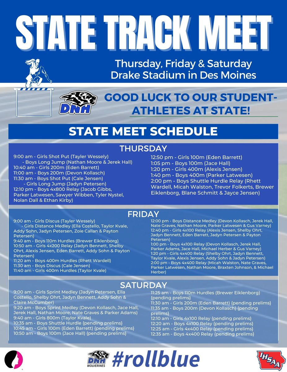 DNH_AD's tweet photo. State Track begins tomorrow and runs through Saturday!!  Dike-New Hartford Boys &amp; Girls Track &amp; Field will be represented well on the "Blue Oval" this weekend!! (27 Total Events; 34 Total Athletes)
#rollblue https://t.co/l6FHSlHeWC