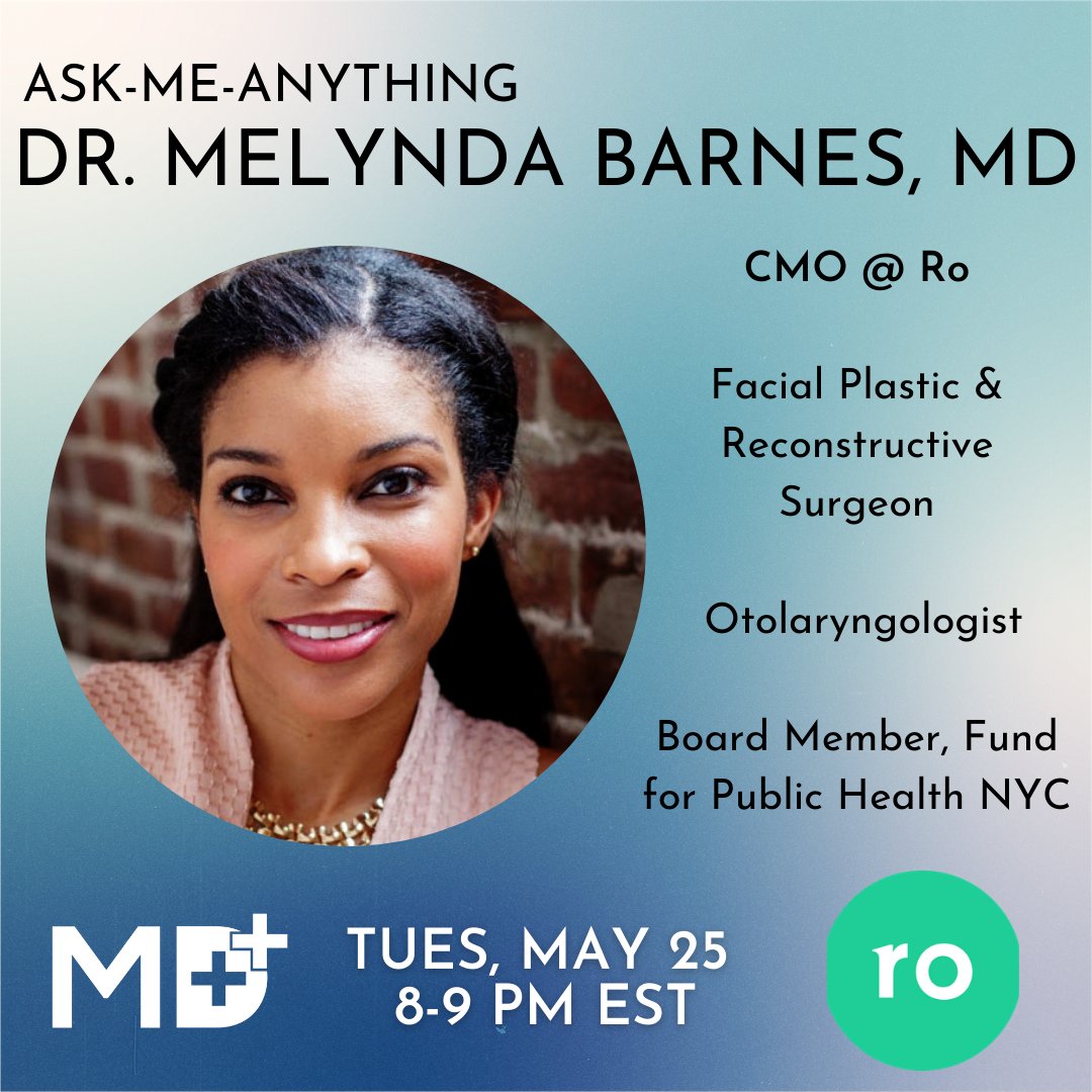 Super excited to interview Dr. Melynda Barnes, CMO of @Roman next week! We'll hear about her journey to a career of industry and surgery and have plenty of time for audience Q&A RSVP here for Zoom info: forms.gle/LsHBhFByKksbeC…