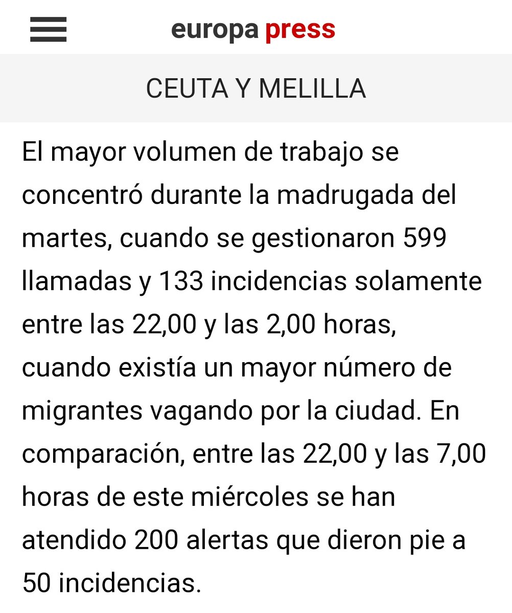 ⛔ BULO de <a href="/Newtral/">Newtral</a> y <a href="/malditobulo/">MALDITO BULO</a>. Reportan que no se han registrado actos de violencia en Ceuta tras la llegada de inmigrantes marroquíes.

❌ FALSO: En las últimas horas han aumentado las incidencias por peleas, intentos de robo, allanamientos...
europapress.es/ceuta-y-melill…