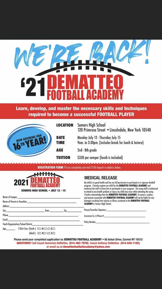 DeMatteoFB's tweet photo. WE R BAAACK! ⁦ Register for @DeMatteoFB⁩ 2021 TODAY!! Email dematteofootballacademy@yahoo.com for details!!! #DFA2021 ⁦@MSApacsports⁩ ⁦@PacFootballMSA⁩ ⁦@TaconicYFC⁩ ⁦@ARPanthers⁩ ⁦@FulmarsFinest⁩ ⁦@bulldogslv⁩ https://t.co/yecMNNskpH