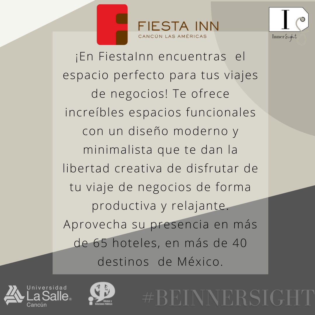 IRPLaSalle's tweet photo. Fiesta Inn patrocinador oficial de la X Jornada Académica de Idiomas y Relaciones Públicas. 🏨
#BeInnerSight ⚜️ #XJornadaAcadémica #IIRRPP https://t.co/NclctQfiU2