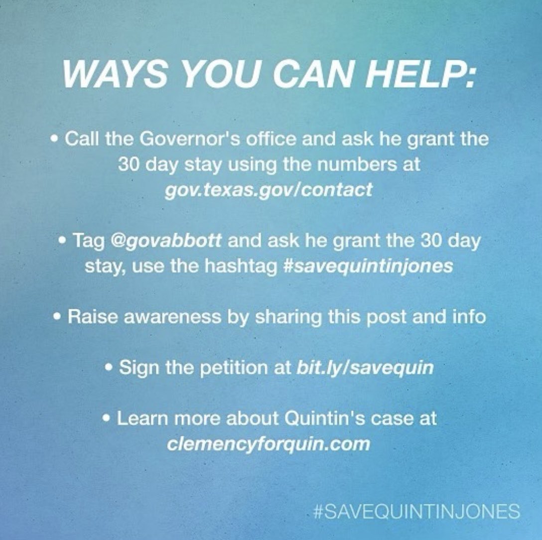 ilovemylife5's tweet photo. #SaveQuintonJones #Texas is set to kill another #BlackMan on #DeathRow @GovAbbott will make a political calculation tonight:Will it be better for Abbott to kill #QuintonJones or treat him like a #WhiteMan & do what he did for Mr. Whitaker?Tonight we find out the PoliticalDecision https://t.co/5W3OR3jAYk