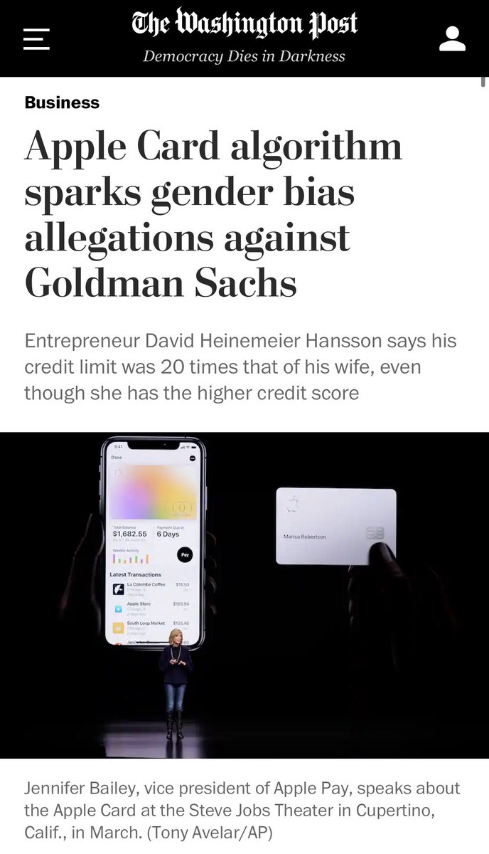 DominicGlover10's tweet photo. Goldman Sachs and Apple made headlines for failing to address the operational risks associated with their credit decision-making algorithm behind the Apple Card. 

This resulted in an investigation by the New York Department of Financial Services. https://t.co/xfrnJoldR7