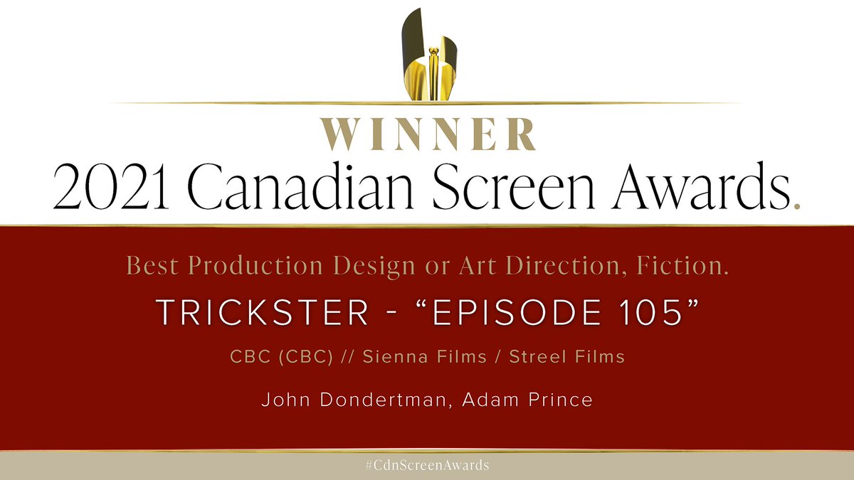 Congratulations to John Dondertman &amp; Adam Prince, winners of Best Production Design or Art Direction, Fiction for <a href="/TricksterCBC/">Trickster</a>! <a href="/CBC_Publicity/">CBC PR</a> @CBCGem @Sienna_Films #CdnScreenAwards
