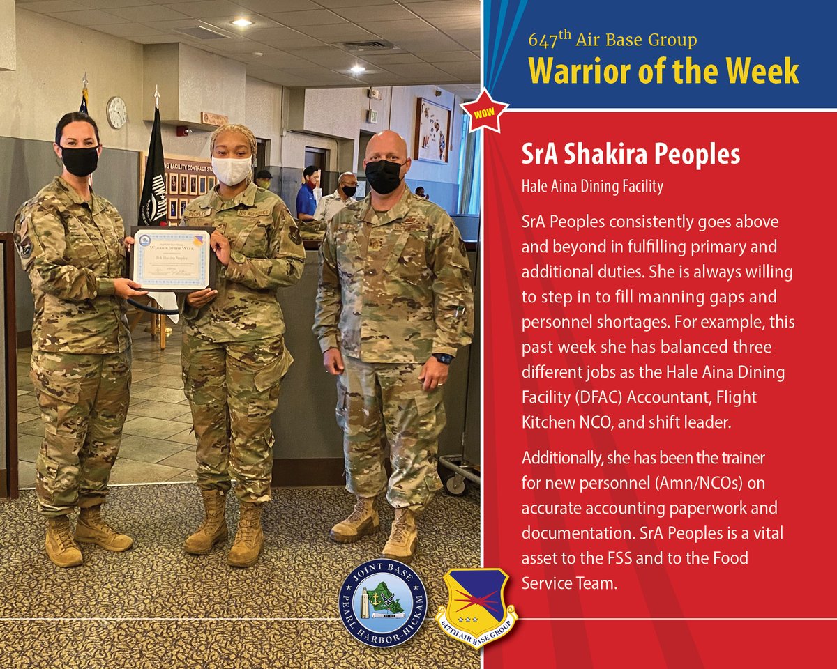 JointBasePHH's tweet photo. 647th Air Base Group | Warrior of the Week
Colonel Tammie Harris, 647th ABG Commander, and CMSgt Jeremy Yates, 647th ABG Superintendent, recognize SrA Shakira Peoples from the 647th FSS as the 647th ABG Warrior of the Week! Congrats!
#647FSS #647ABG #15thWing #15th Wing https://t.co/HeTnYPRXd3
