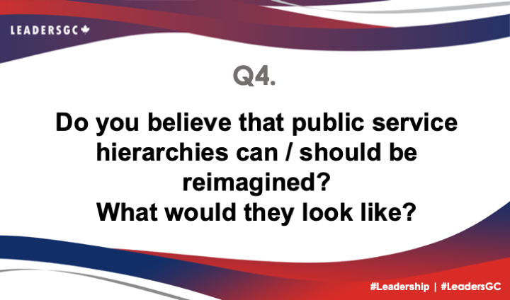 "We are loving your answers! 

Q4. Do you believe that public service hierarchies can / should be reimagined? What would they look like? 
#LeadersGC #Leadership"