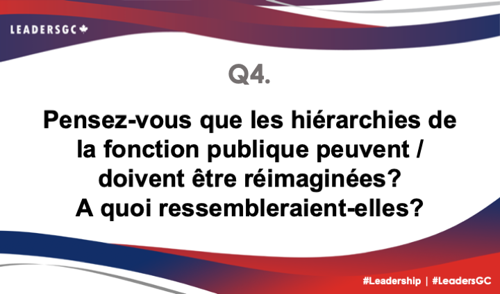 "Nous adorons vos réponses ! 

Q4. Pensez-vous que les hiérarchies de la fonction publique peuvent / doivent être réimaginées? A quoi ressembleraient-elles? 
#LeadersGC #Leadership"