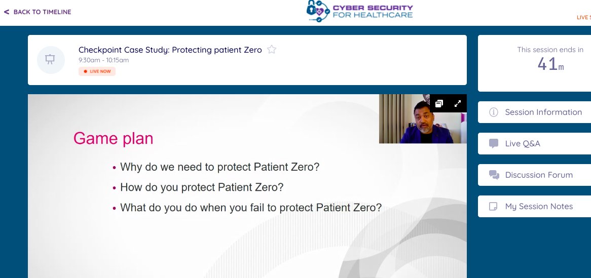 The Cyber Security for Healthcare Half Day Virtual Event has officially begun! Tune in now to join our first session of the day with Ashwin Ram, Cyber Security Evangelist from <a href="/CheckPointSW/">Check Point Software</a> as he explores how to protect patient zero. Join the live event -->lnkd.in/gBjQ8xS