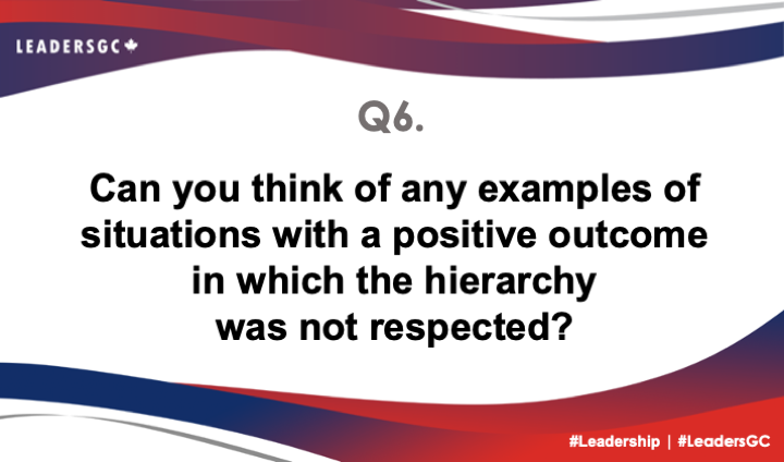 "Only two questions to go! ✏️✏️

Q6. Can you think of any examples of situations with a positive outcome in which the hierarchy was not respected? 
#LeadersGC #Leadership"