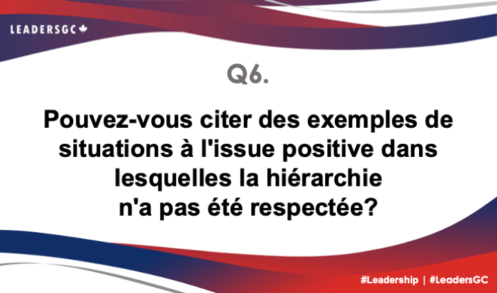 "Il ne reste que deux questions ! ✏️✏️

Q6. Pouvez-vous citer des exemples de situations à l'issue positive dans lesquelles la hiérarchie n'a pas été respectée? 
#LeadersGC #Leadership"