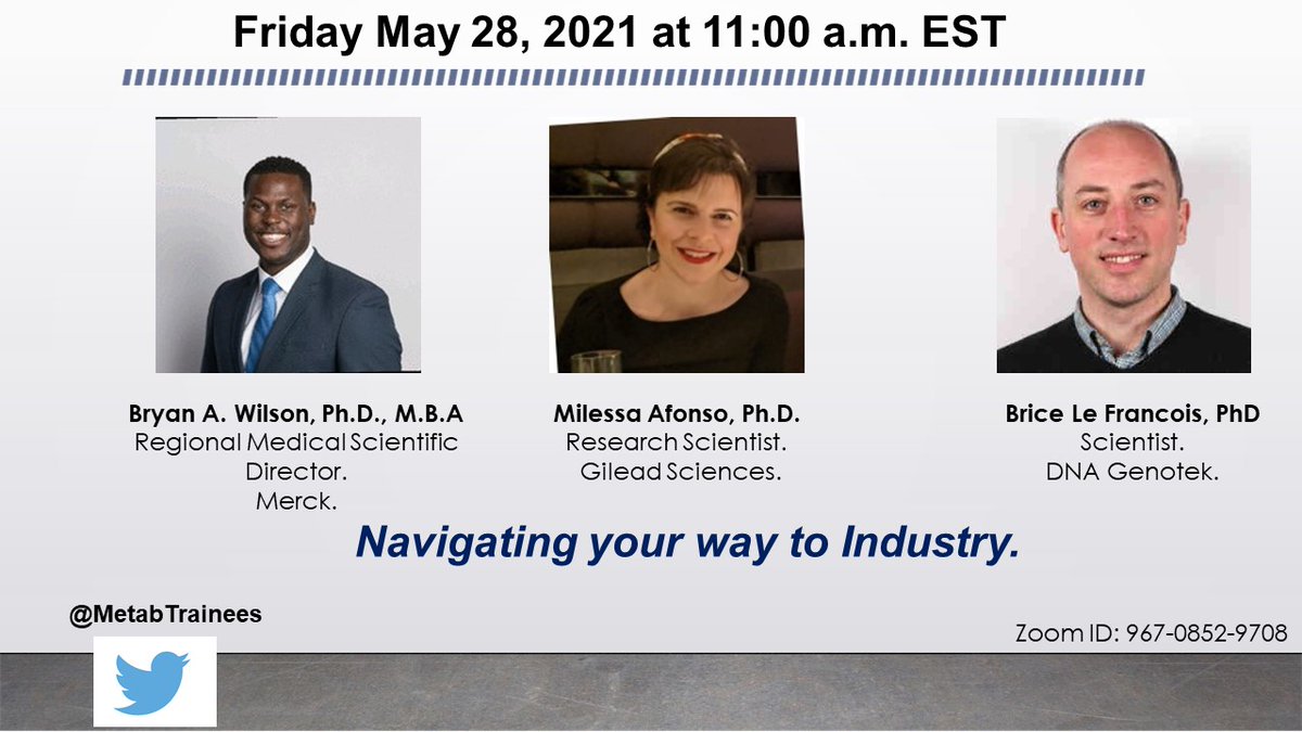 Mabruka Alfaidi, Assist. Director Trans. Res @CHVR (@maalfaidi) on Twitter photo Hey Trainees, <a href="/MetabTrainees/">Trainees In Metabolism</a> team is organizing an excited session on #Industry, Friday next week, May 28th!! ALL are welcome to join the discussion on "what is like to be #WorkingAcrossTheAisle", "#theScienceMaking". A great line of Panelists will share with us their experience! Hey Trainees, <a href="/MetabTrainees/">Trainees In Metabolism</a> team is organizing an excited session on #Industry, Friday next week, May 28th!! ALL are welcome to join the discussion on "what is like to be #WorkingAcrossTheAisle", "#theScienceMaking". A great line of Panelists will share with us their experience!