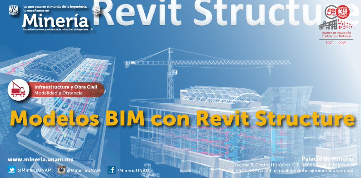 MineriaUNAM's tweet image. ¿Te gustaría conocer las ventajas de la generación de #ModelosBIM (#BuildingInformationModeling) #estructurales mediante ejercicios prácticos aplicando el uso del programa #RevitStructure? Temario, precio y registro: ow.ly/6bYW50EKcmX *Precio especial por 50 aniversario*
