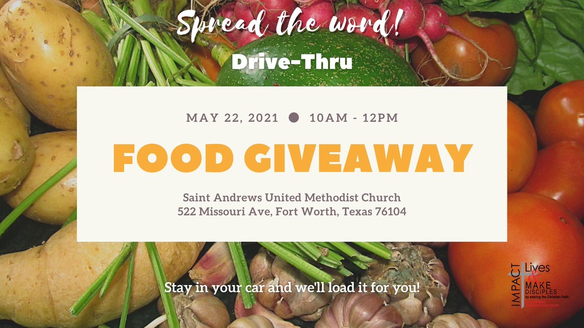 Drive-thru Food Give-Away
May 22, 2021 10AM-12PM CDT
Spread the word!
#foodgiveaway #blessedbeyondmeasure #communityoutreach #blessedtobeablessing #helpingothers #FreeFood #FreeFoodGiveAway #freefooddistribution #historicsouthsidefortworth #fortworth
#standrewsftw #impactinglives