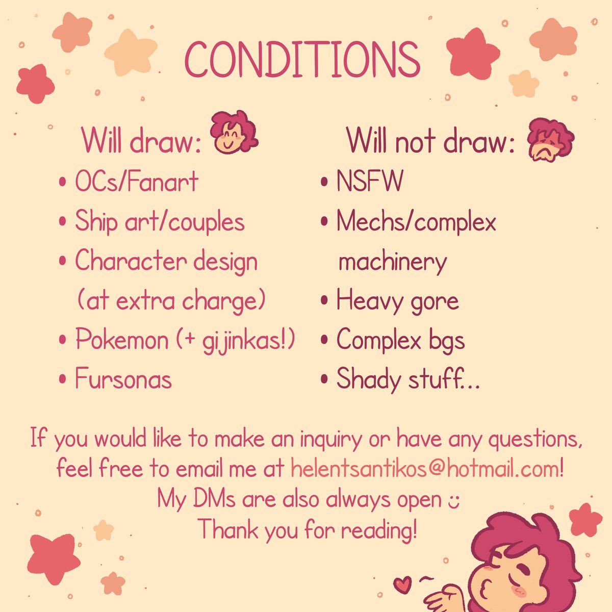 [RTs=💖] Hi everyone! Work has been very unstable at the moment so I’m opening up commissions again! All prices are in USD. If you have any questions at all please feel free to send me a DM or email. Thanks for reading!