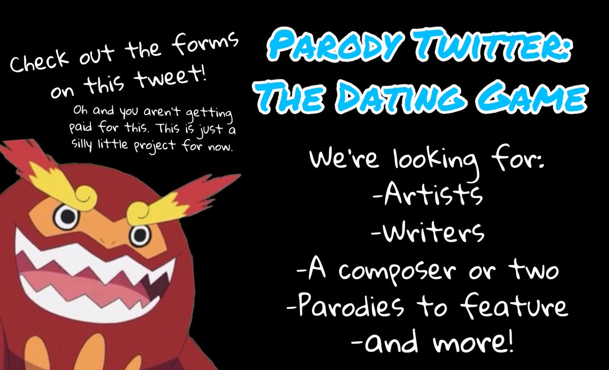 Darmaniganda's tweet image. Big announcement! We’re actually making a Parody Twitter dating game!

It’s hard to make games alone, so there’s two forms to fill out! One to be part of the dev team, and one to simply be a character. Please fill them out and RT to spread the word!