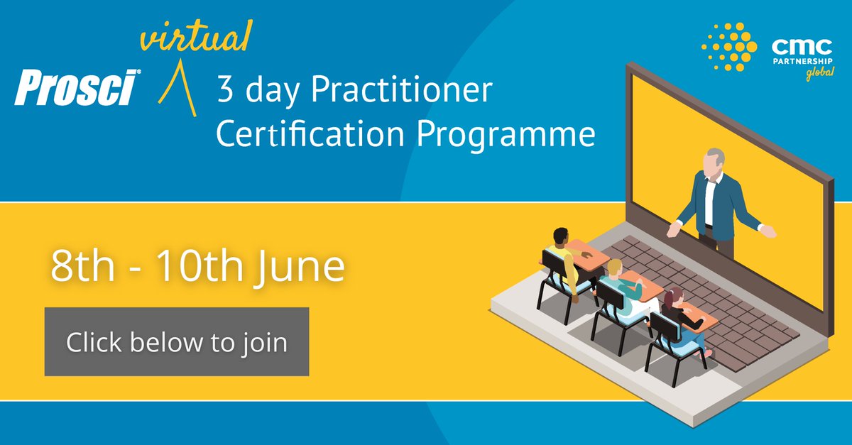 What’s next for your change initiative? 🤔

Change isn't slowing down. That's why CMC Global is hosting a Virtual Instructor-Led Prosci® Change Management Certification Programme

Interested or know someone that would be? Learn more today ⬇️
hubs.ly/H0MjGNz0
