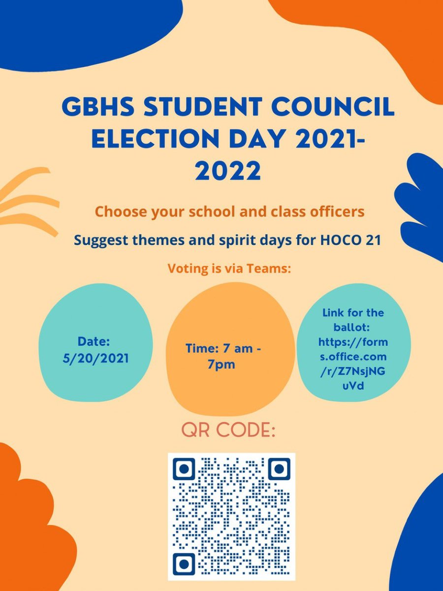 Hallie Baldwin (@halliebaldwin76) on Twitter photo Hey GBHS! 2021-22 Student Body & Class Officer elections are open. Vote using Microsoft student account. Ballot closes tomorrow 5/20 at 11:59 PM. Suggest HOCO21K themes & spirit days! forms.office.com/r/Z7NsjNGuVd <a href="/drsarahbrown/">Dr. Sarah Brown</a> <a href="/BHS_Broncos/">George Bush High School</a> <a href="/bushstuco/">Bush Student Council</a> @bushstuco23 <a href="/GBHSCO2024/">BRONCOS CLASS OF 2024 🥳</a> <a href="/gbhs22/">bhs22class</a> Hey GBHS! 2021-22 Student Body & Class Officer elections are open. Vote using Microsoft student account. Ballot closes tomorrow 5/20 at 11:59 PM. Suggest HOCO21K themes & spirit days! forms.office.com/r/Z7NsjNGuVd <a href="/drsarahbrown/">Dr. Sarah Brown</a> <a href="/BHS_Broncos/">George Bush High School</a> <a href="/bushstuco/">Bush Student Council</a> @bushstuco23 <a href="/GBHSCO2024/">BRONCOS CLASS OF 2024 🥳</a> <a href="/gbhs22/">bhs22class</a>