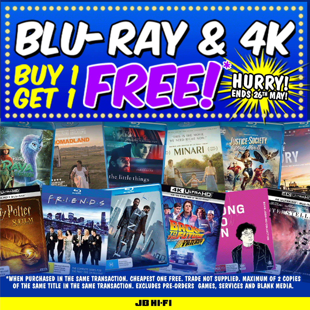 JBHiFi's tweet photo. 💥 Buy 1 Get 1 Free Blu-Ray &amp; 4K Ultra HD!*💥

🏃 Hurry - Ends Wednesday 26/5. 👇
https://t.co/tv7mmosQ85

*Conditions and exclusions apply. 😁 https://t.co/uLBYUfaFqa