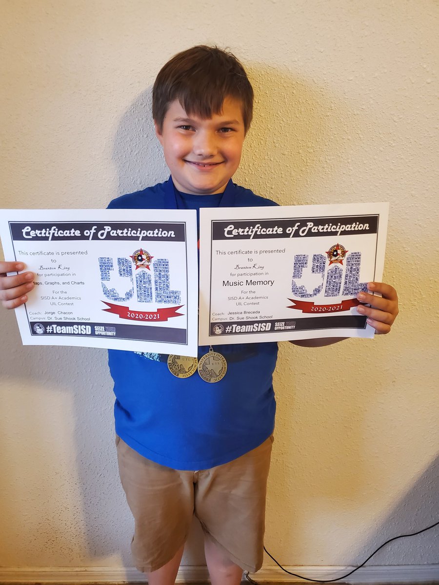 abking82's tweet image. Brax with his certificates and medals for Music memory and Maps graphs and charts! Proud of you and your team dude, and very appreciative of your awesome coaches! #uil #mapsgraphsandcharts  #musicmemory #TeamSISD @DSShook_ES @jbrece_DSSE