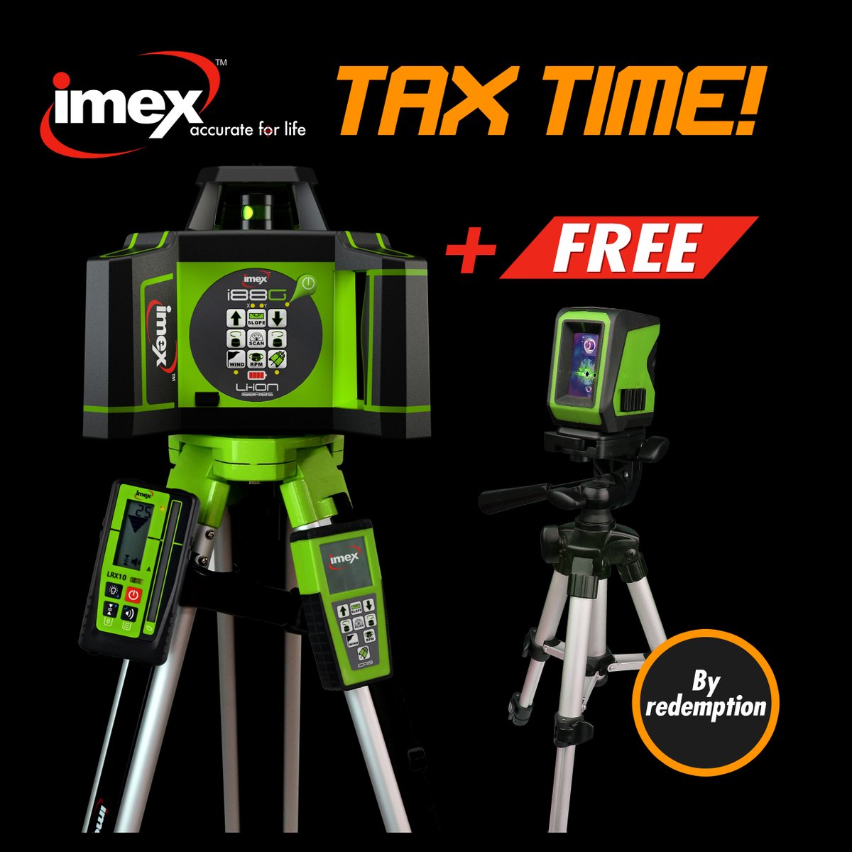 IMEXLasers's tweet photo. TAX TIME DEALS
Purchase an IMEX i88G Green Beam rotary laser at any dealer in Australia and receive a FREE L2G green beam crossliner - by redemption!

T&amp;C
- Purchase between May 17th and June 30th
- Register warranty online prior to July 9th
- Receive Imex L2G direct from Imex https://t.co/VLunxXXLBr