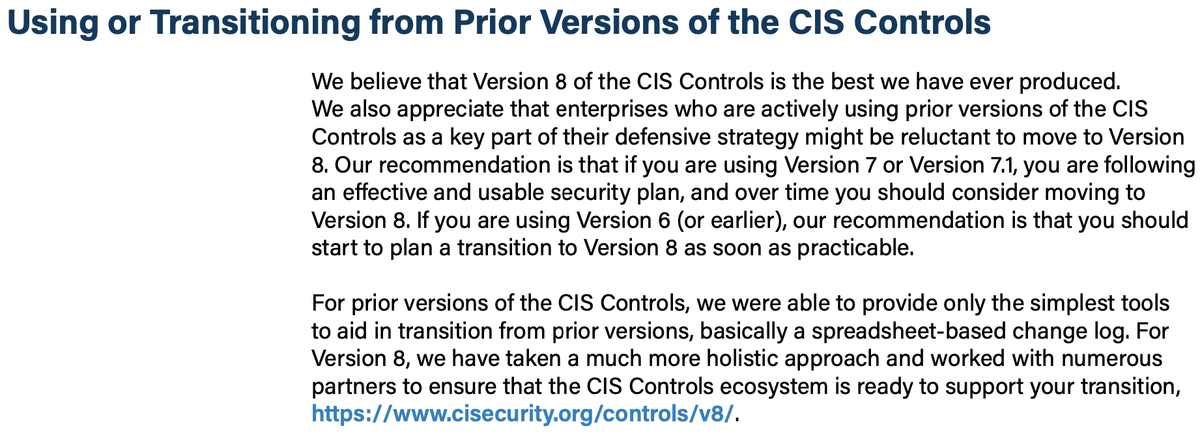 mmdelrio's tweet image. #CISControlsv8 se recomienda un plan de migración hacia la última versión. Sin embargo, si estás trabajando con v7 o v7.1 es algo que puedes planificar con más tiempo.