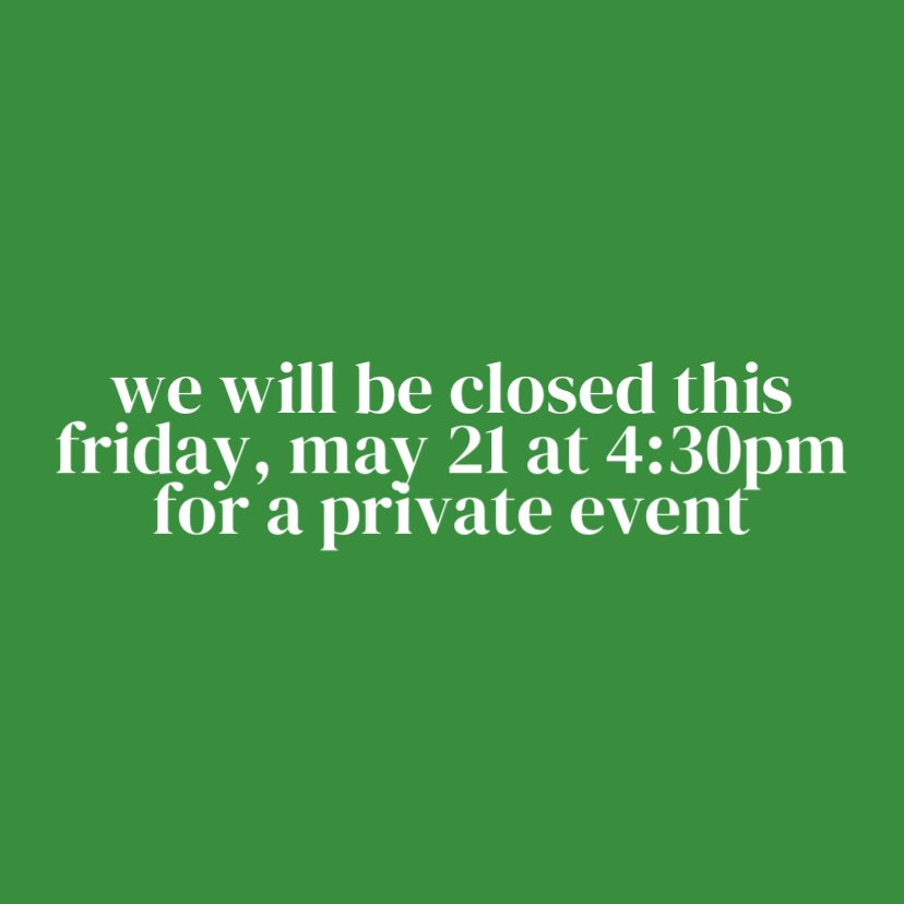 We’ll miss ‘ya on Friday, so come see us Thursday for the Farmers Market from 4:30pm - 7:30pm! Hot food by Leah’s Eats, live music from Eric Barnes! 

We’ll be open on Saturday for regular hours, and Sunday don’t miss Me &amp; Him from 3pm - 6pm, and K &amp; A Meats on the grill!