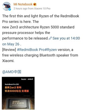 iamharshakota's tweet photo. RedmiBook Pro Ryzen Edition Launching on 26th May With AMD Ryzen 5000 Series processor
#RedmiBook #Rysen5000 #Rysen #Redmi https://t.co/uwyfZWtADs