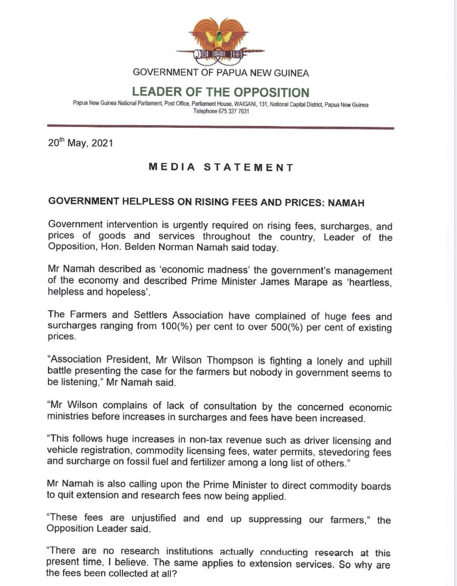 HonBNN's tweet photo. Statement by Hon. Belden Namah, MP, on the plight of our farmers against rising costs. This has become a government of ‘inaction’ and definitely not reflecting the so-called ‘Take Back PNG’ slogan. Retweet and read below👇 #PNGpol https://t.co/oKvnVaAXyb