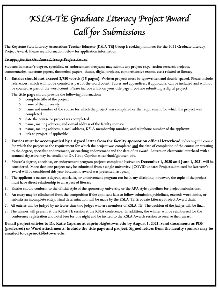 We're excited to share our call for the Graduate Literacy Project Award! If you work with graduate students in the area of literacy in PA, please invite them to apply! Reach out to chair Katie Caprino <a href="/KCapLiteracy/">Katie Caprino</a> or caprinok@etown.edu with any questions! <a href="/KeystoneReading/">KeystoneStateLiteracy</a>