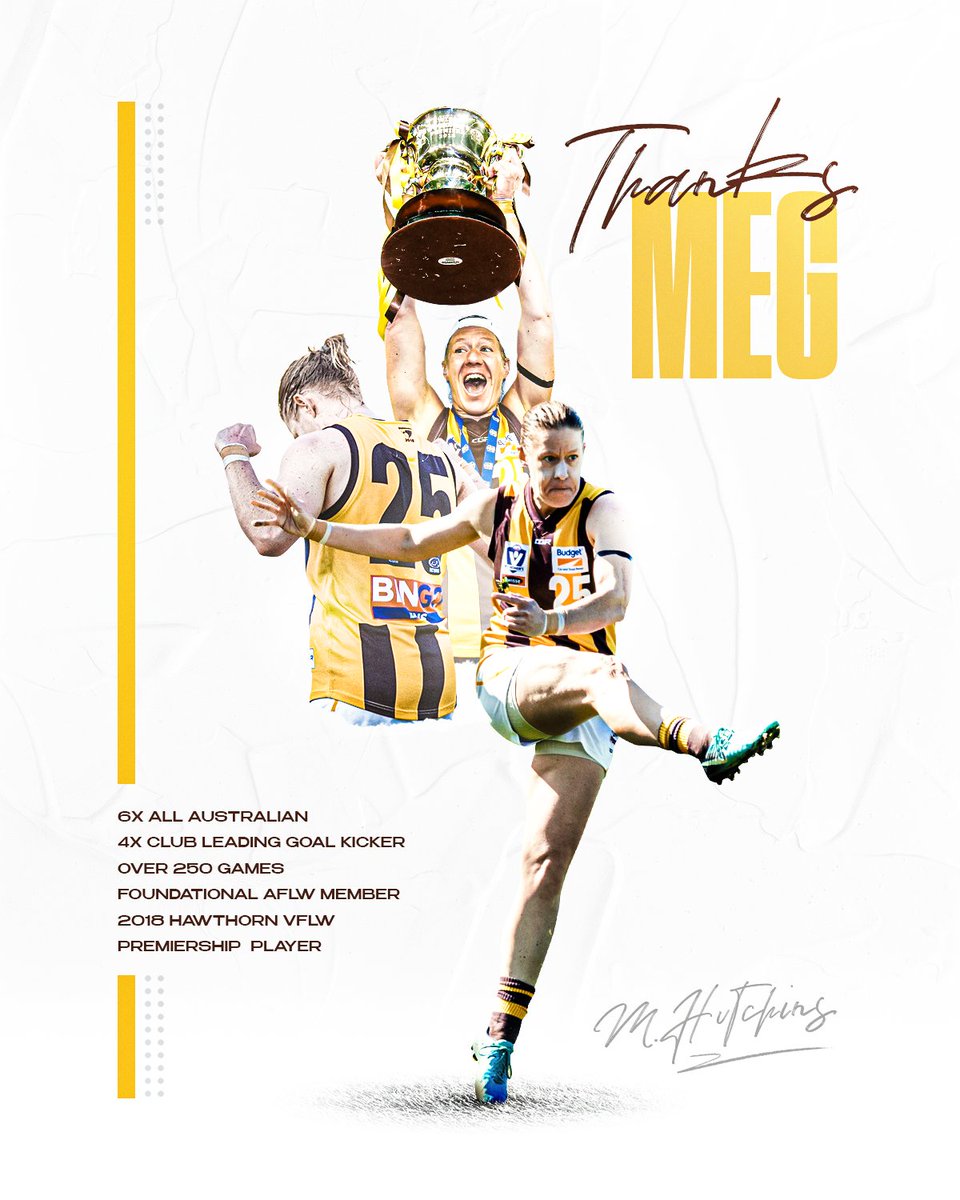 HawthornFC's tweet photo. Meg Hutchins will hang up the boots at season’s end.

Her legacy in women’s football will never be forgotten. 💛💛💛

📝 : https://t.co/Z5atTa9FiY https://t.co/6KaC15Qxld