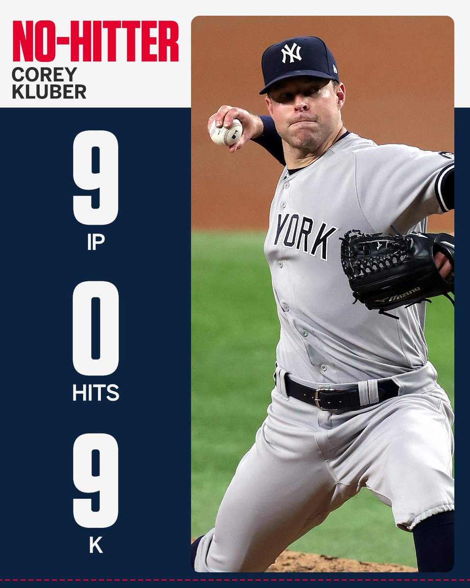 COREY KLUBER NO-HITS THE RANGERS‼️

The first no-hitter by a Yankees pitcher in 21 years.